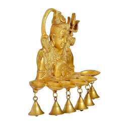 Messing Shiva Figur mit Glockenanhängern am Rand der Schale, goldfarben