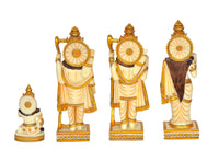 Ram Darbar Statue trio from back view with arched crowns and draped garments