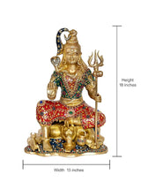 Brass Shiva murti sculpture, seated figure with trident; height 18 in, width 13 in