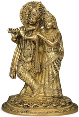 Brass Radha-Krishna Idol, Krishna with flute; Radha standing beside, round ornate base