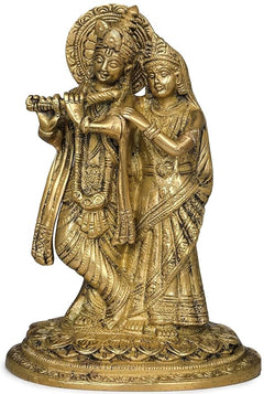 Brass Radha-Krishna Idol, Krishna with flute; Radha standing beside, round ornate base