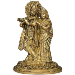 Brass Radha-Krishna Idol 7.2 in: Radha holding Krishna, ornate detailing on base