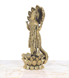 Vishnu standing statue on lotus with Sheshnag serpent, angled side view