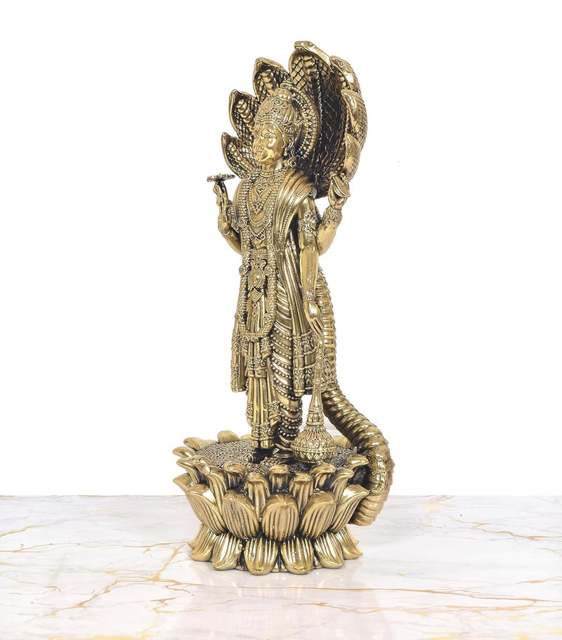 Bronze Vishnu Standing Statue on Lotus with Sheshnag (Height: 11 inch)