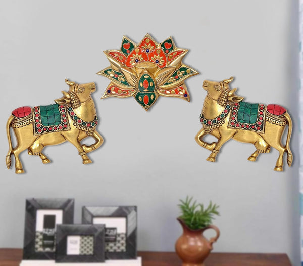 Brass Kamdhenu Cow with Lotus Flower Wall Hanging for Home Decor and Ofice Wall Decor Vastu Pooja Figurine | Pack of 3| (Height:5 inch) (Multicolor Kamdhenu Cow with Lotus Flower)