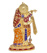 Back view brass Radha-Krishna idol, circular halo, multicolour maroon and orange robes