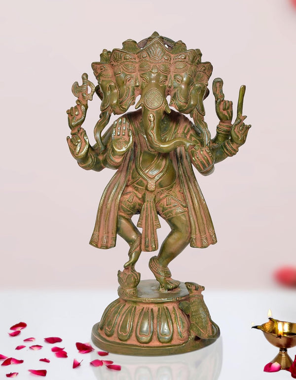 Brass Dancing Panchmukhi Ganesha Statue Gaanesh Murti Home Temple Office Figurine Showpiece Multicolour (Height 15 Inch)