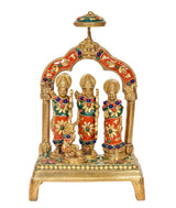Brass Ram Darbar statue with three deity figures, raised canopy, red green blue ornaments