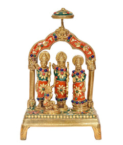 Brass Ram Darbar statue with three deity figures, raised canopy, red green blue ornaments