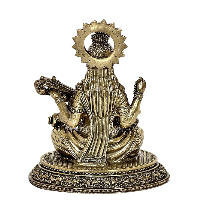 Fine Brass Goddess Saraswati Sitting On Swan Devi of Study Maa Saraswati (Height: 4.5 Inch)