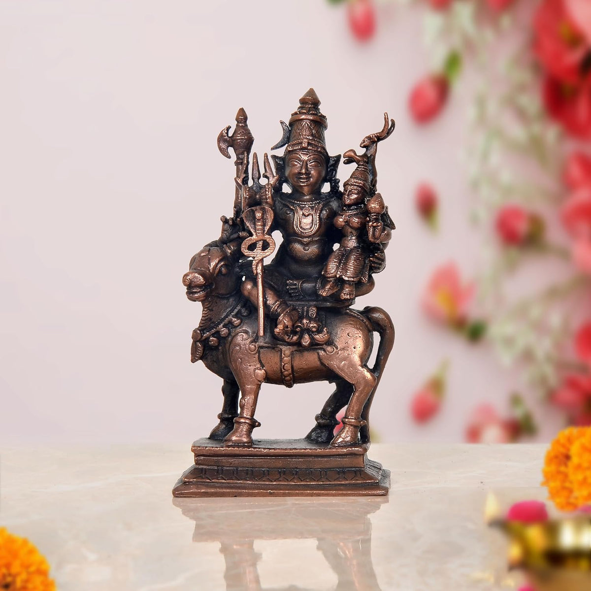 Copper Lord Shiva Parvati Sitting on Nandi Idol (Height 4.5 Inch)