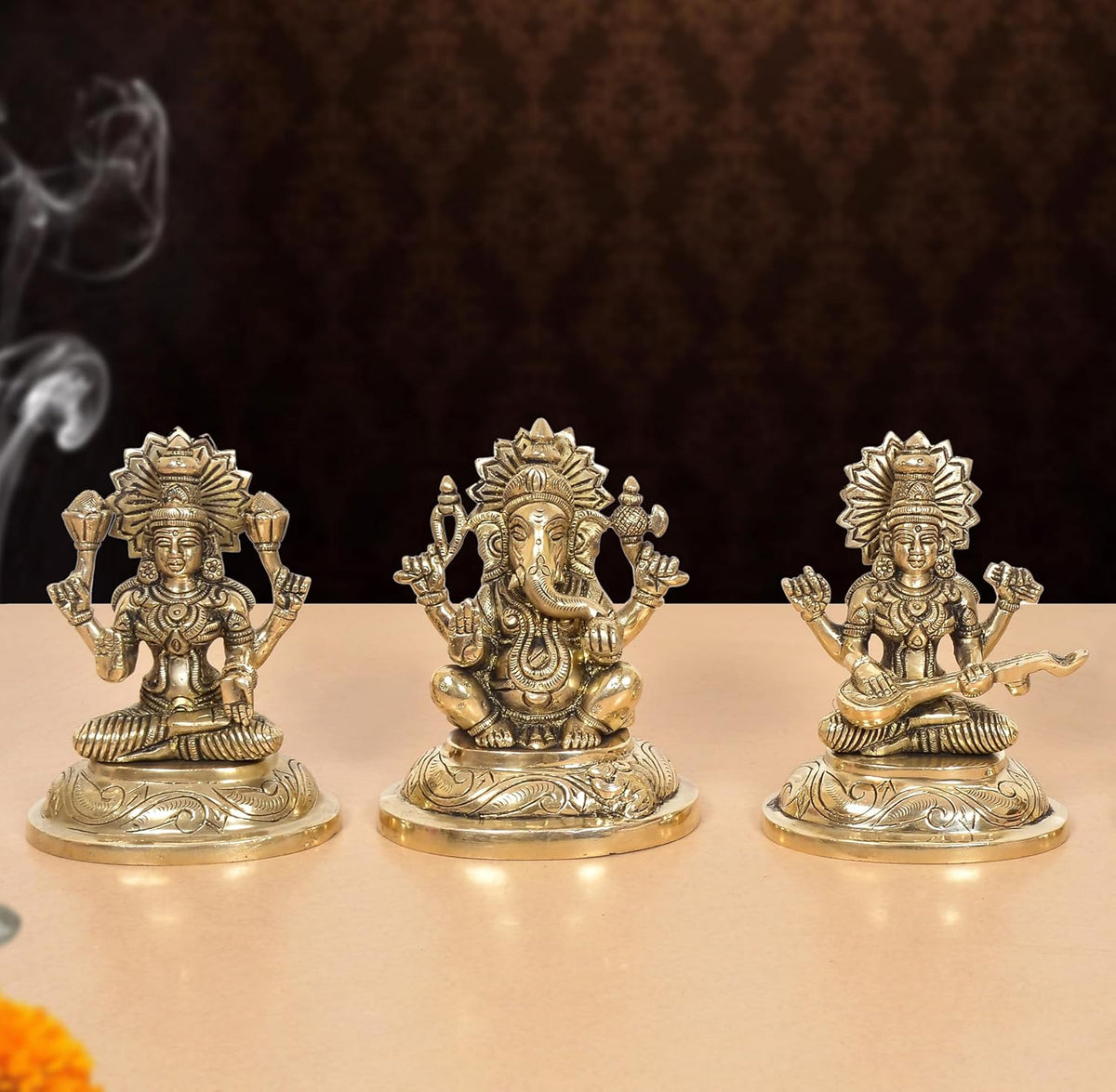 Brass Lakshmi Ganesha Saraswati Idol set, 3 figurines, gold-tone finish, 5 inch