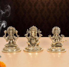 Brass Lakshmi Ganesha Saraswati Idol set, 3 figurines, gold-tone finish, 5 inch