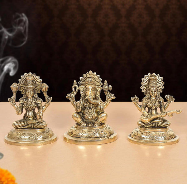 Brass Lakshmi Ganesha Saraswati Idol (Height:5 Inch)