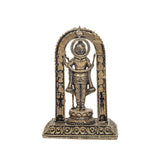 Brass Ram Lalla murti close-up in arched frame, intricate detailing, 4 inch