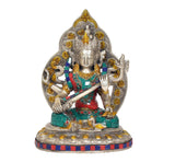Tara Devi Statue, silbernes Gesicht, goldene Ornamente, türkis-rote Gewänder, sitzend