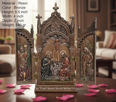 Bronze resin church gate statue depicting Jesus, Mary and angel figures.