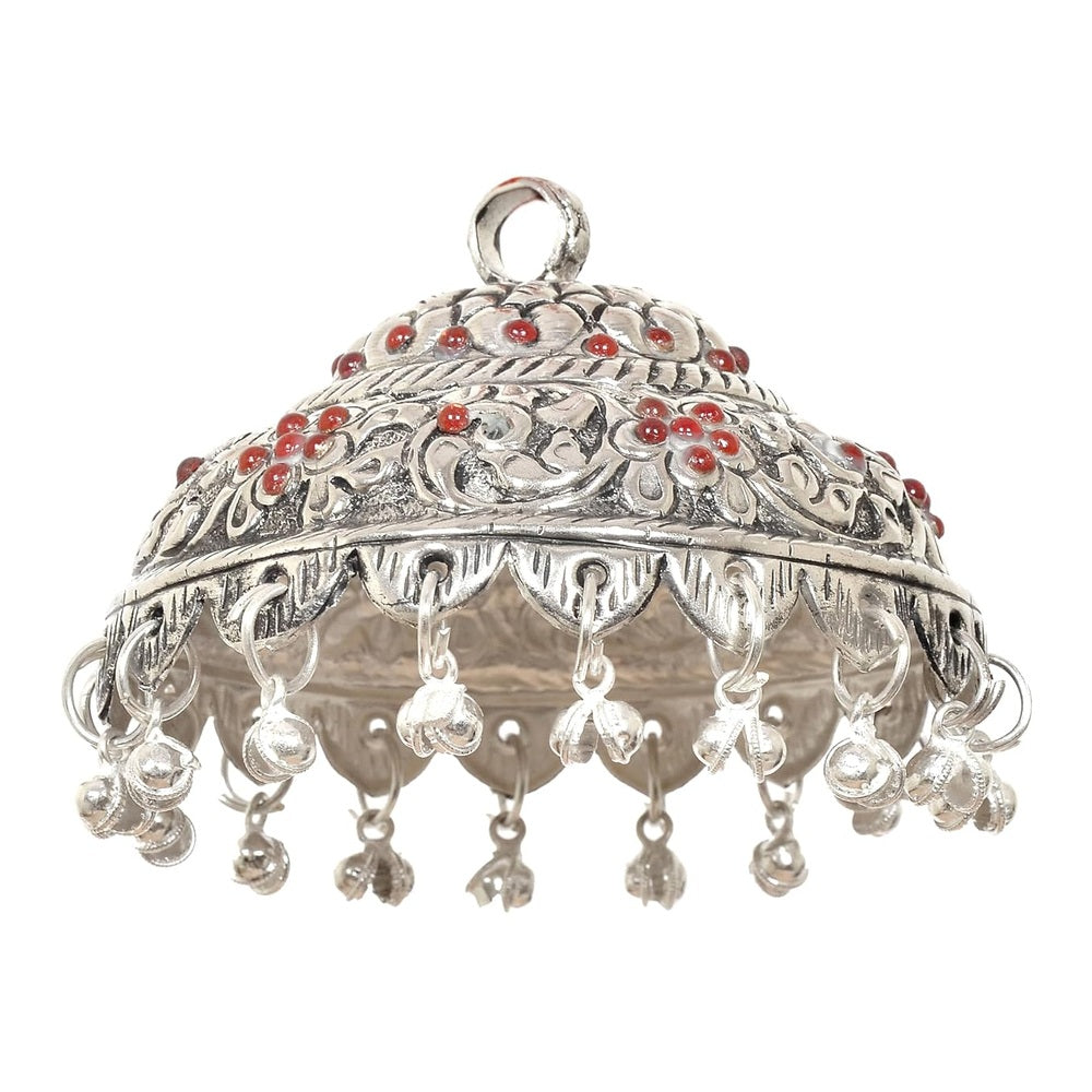 Silver metal carved chatta with red bead accents and hanging bell drops