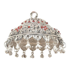Silver metal carved chatta with red bead accents and hanging bell drops
