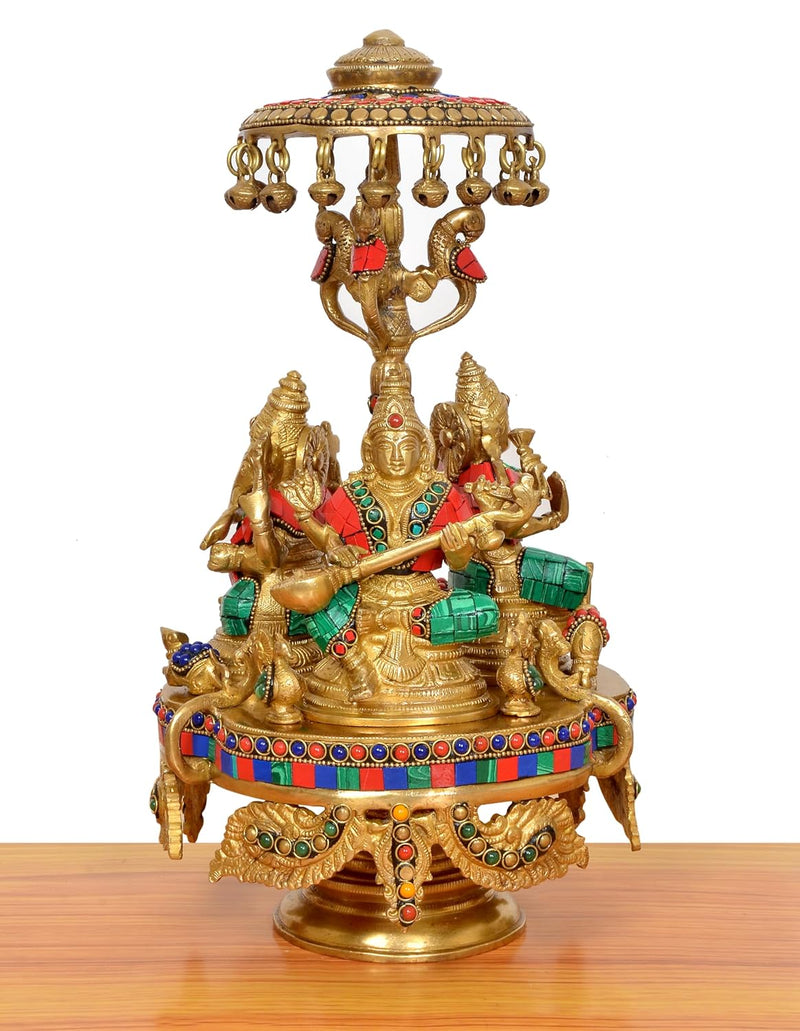 Brass Lakshmi Ganesha Saraswati Idol Seated On Moving Chowki with Parasol Temple Murti (Height: 14 Inch)