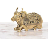 Superfine Brass Nandi idol, front-left view with textured horns and ornate saddle