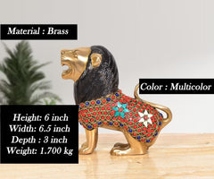 Brass lion sculpture in multicolor with jeweled band along the body, 6-inch height