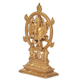 Brass Yoga Narasimha Vishnu statue from side view, circular halo and pedestal base