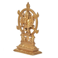 Brass Yoga Narasimha Vishnu statue from side view, circular halo and pedestal base