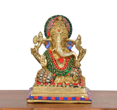 Front view Ganesha idol with multicolour beadwork, raised hands, ornate golden base