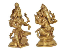 Brass Lakshmi and Ganesha statue, angled view showing seated posture and jewelry details