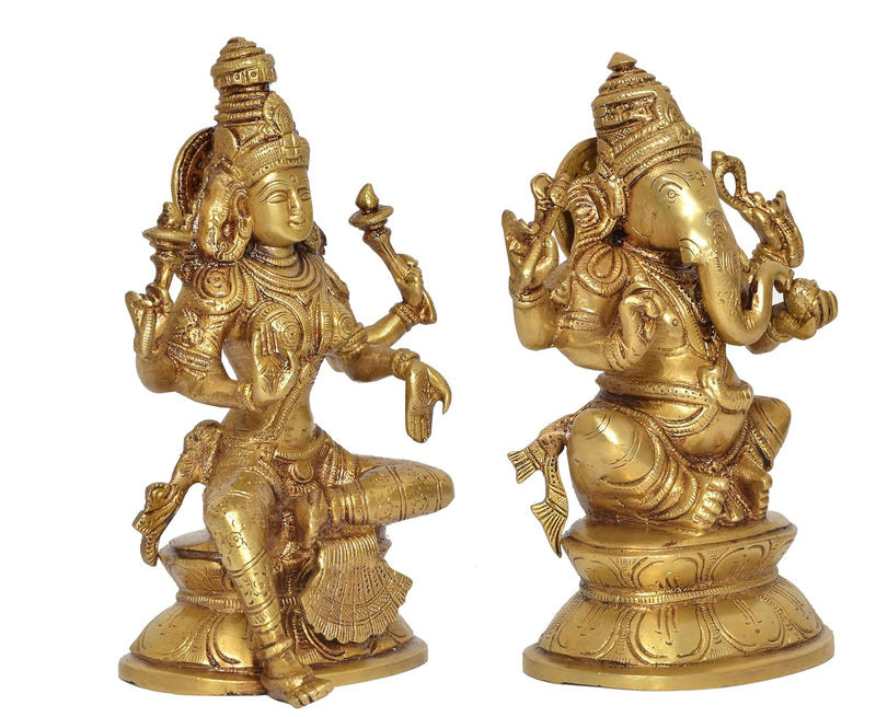 Brass Laxmi Ganesh Statue - Handcrafted Goddess Lakshmi and Lord Ganesha Idol for Home Decor and Pooja - Hindu Deities Figurine (Height 8 Inch)