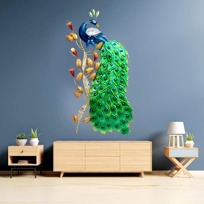 Iron Peacock Sculpture Decorative Wall Art Hanging with LED Light (Height: 48 Inches)