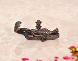 Copper Vishnu-Lakshmi idol on Sheshnag serpent, bronze-toned detailed statue