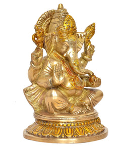 Ganesha idol statue with raised hand pose, gold finish on lotus base