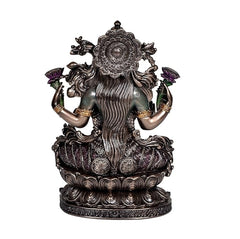 Resin Lakshmi idol, rear view of headdress and draped ornaments, sculpted pedestal