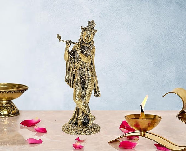 Superfine Brass Lord Krishna Idol Figurine Sculpture Playing Flute Statue Decorative Showpiece, (Height 8 Inch)