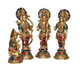 Brass Ram Darbar statue idol, front view of three jeweled golden figures
