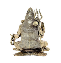 Back view brass Lord Shiva murti, trident and beaded back detailing, seated lotus