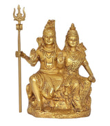 Brass Shiva and Parvati idol seated together, trident on left