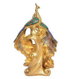 Gold brass peacock tail view with red, blue, green gemstone-style inlays