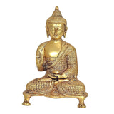 Seated brass Buddha statue with Abhaya mudra hand gesture, front view, 9 in