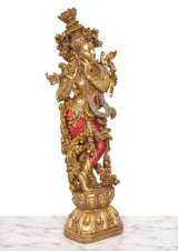 Krishna-Statue mit Flöte, goldfarben, rotes Gewand, detailreiche Schmuckelemente