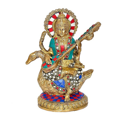 Brass Maa Saraswati Idol Statue Idol Murti for Home Decor Diwali Gifting Item | Multicolor | Height : 8.5 Inches