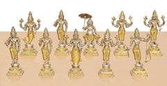 Brass Vishnu Dashavatara figurines, golden finish, standing poses on square bases