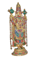 Ornate brass Tirupati Bala Ji showpiece, close view with crown, jewelry, and bead chains