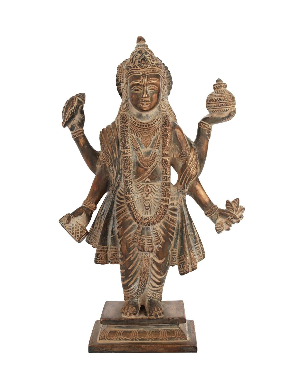 Brass Dhanvantari idol, 10in tall, standing figure with raised hands and ornate robes.
