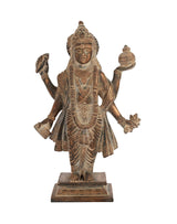 Brass Dhanvantari idol, 10in tall, standing figure with raised hands and ornate robes.