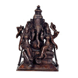 Brown brass Ganesha with Riddhi Siddhi idol statue, side view, detailed crowns