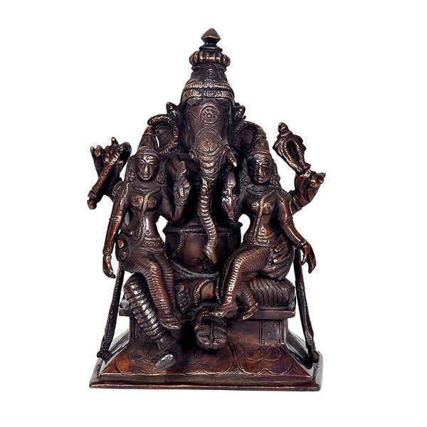 Brass Lord Ganesha with Riddhi Siddhi Idol Statue Murti, Height : 7 inch (Brown) Entryway Setting