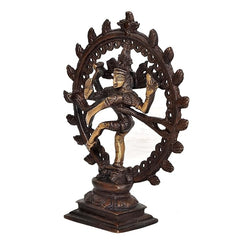 Dancing Lord Shiva Natraj brass statue in circular ring, side angle, 6 inch
